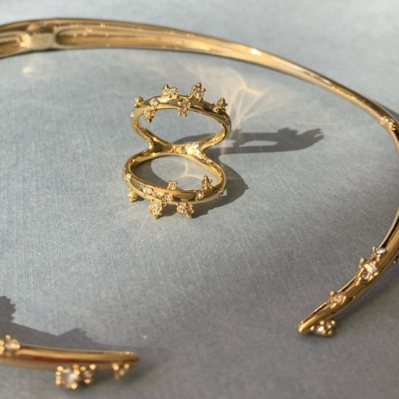 ALEXIS BITTAR NEW Gold Satellite Double Banded Crystal Accented Lace Size 7 Ring - Picture 12 of 16